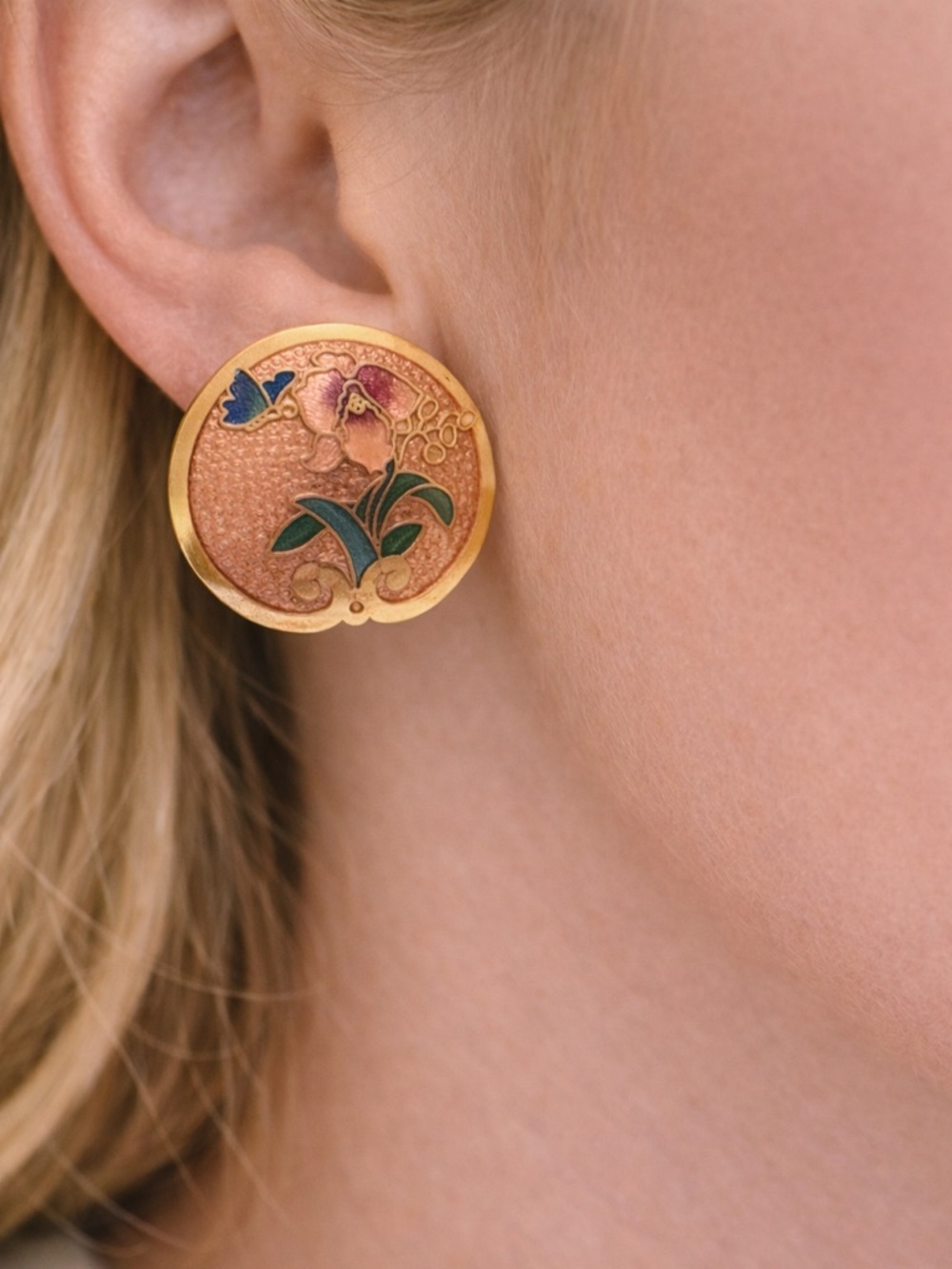Vintage Cloisonné Enamel Floral Butterfly Stud Earrings Gold Tone Signed SG